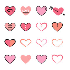 Hearts flat and line icon pink color set