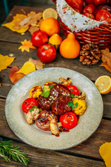 Autumn table setting with pumpkins. Thanksgiving dinner.soft beef tenderloin medallions