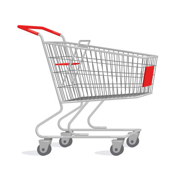 Metal shopping cart with red elements. Isolated vector illustration.