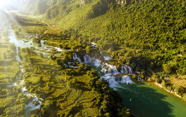 Royalty high quality free stock image aerial view of “ Ban Gioc “ waterfall, Cao Bang, Vietnam. “ Ban Gioc “ waterfall is one of the top 10 waterfalls in the world. Aerial view