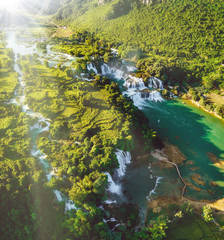 Royalty high quality free stock image aerial view of “ Ban Gioc “ waterfall, Cao Bang, Vietnam. “ Ban Gioc “ waterfall is one of the top 10 waterfalls in the world. Aerial view