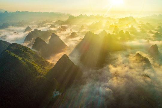 Royalty high quality free stock image aerial view of dawn on mountain at Ngoc Con ward, Trung Khanh town, Cao Bang province, Vietnam