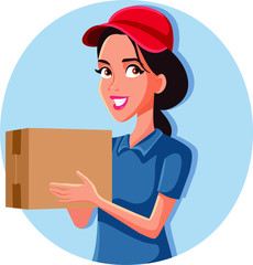 Delivery Female Worker Holding Cardboard Package Box