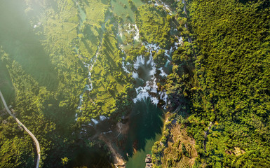 Royalty high quality free stock image aerial view of “ Ban Gioc “ waterfall, Cao Bang, Vietnam. “ Ban Gioc “ waterfall is one of the top 10 waterfalls in the world. Aerial view