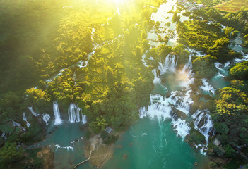 Fototapeta na wymiar Royalty high quality free stock image aerial view of “ Ban Gioc “ waterfall, Cao Bang, Vietnam. “ Ban Gioc “ waterfall is one of the top 10 waterfalls in the world. Aerial view