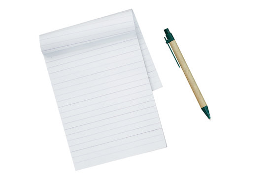 Paper notebook and pen isolated on white background. Pen made form recycle paper. This image stacked with clipping path for advertising ideas concept.