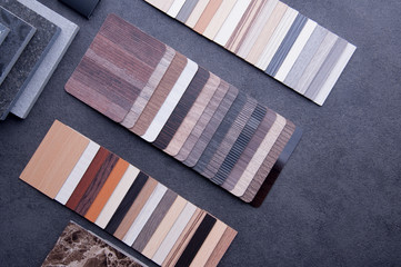 Construction Design. Interior Material Design concept. Wood texture floor Samples of laminate and vinyl floor tile. 7