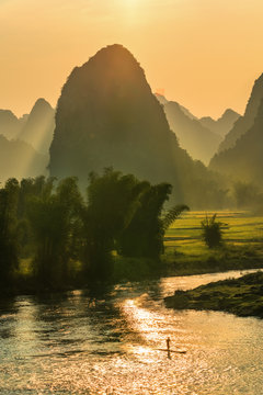 Beautiful landscape, Quay Son river with rice field and mountain Trung Khanh town in Cao Bang province, Vietnam