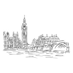 Popular view of busy Parliament Square with Big Ben and double decker bus in front and the London eye behind. Sketch isolated on white background. - obrazy, fototapety, plakaty