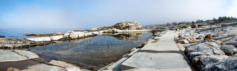 Panoramic view of Sjobadet Myklebust swimming sea pool at Jasund Peninsula in Tananger, Norway, May 2018