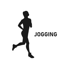 Fototapeta na wymiar Happy young woman or girl go jogging silhouette. Jog icon. Physical exercise sign or symbol. Endurance training logo. Female workout sportswear - Simple vector black and white illustration.