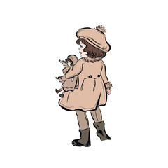 Girl dressed in autumn warm clothes holds doll. Young lady in vintage style in coat camel color with fur collar and cuffs, beret with pompom. 