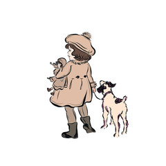 Girl dressed in autumn warm clothes holds doll. Young lady in vintage style in coat camel color with fur collar and cuffs and beret with pompom.