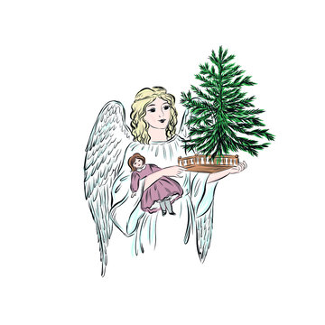 Angel holds a bouquet of lilies of the valley and easter egg. Biblical heavenly symbol of man with wings. Decor for greeting retro cards for Christmas, Easter and other religious holidays. 

