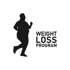 Fat or obese woman or girl jogging silhouette. Weight loss program icon sign or symbol. Cardio workout logo. Obesity concept. Running lady. Female sportswear. Sport motivation - Vector illustration.