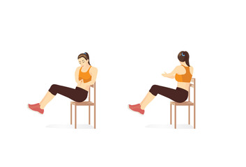 Woman doing Russian twist exercise in 2 step with Chair. Illustration about workout while stay at Home and lockdown.