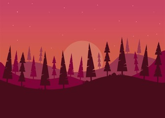 Forest and hill view with sunset - vector illustration