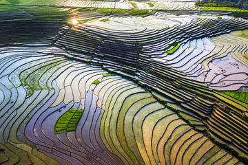 Water on terraces near Sapa, Lao Cai, Vietnam same world heritage Ifugao rice terraces in Batad, northern Luzon, Philippines.