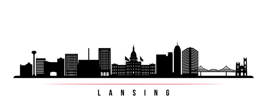 Lansing skyline horizontal banner. Black and white silhouette of Lansing, Michigan. Vector template for your design.