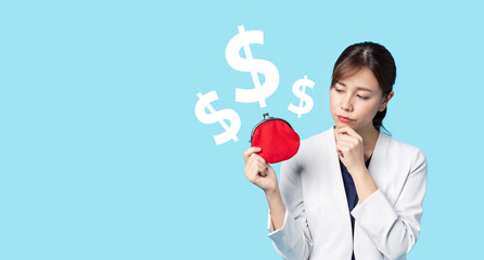 Young asian businesswoman showing a wallet. US dollar sign.