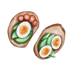 Toasts with avocado, tomato and egg, Raster illustration, Procreate sketch