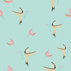 Vector seamless background with hummingbirds and hibiscuses. Tropical pattern suitable for fabric, paper or web background design