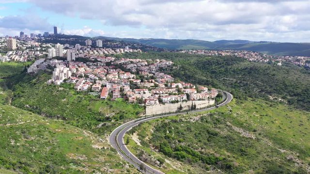 Corona Virus lockdown, Haifa Freud mountain road connecting the city lower west area to Central Carmel, with no traffic due to government guidelines, Aerial view.