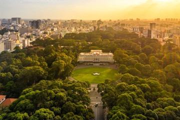 Aerial panoramic cityscape view of Independence Palace or Reunification Palace and center Ho Chi...