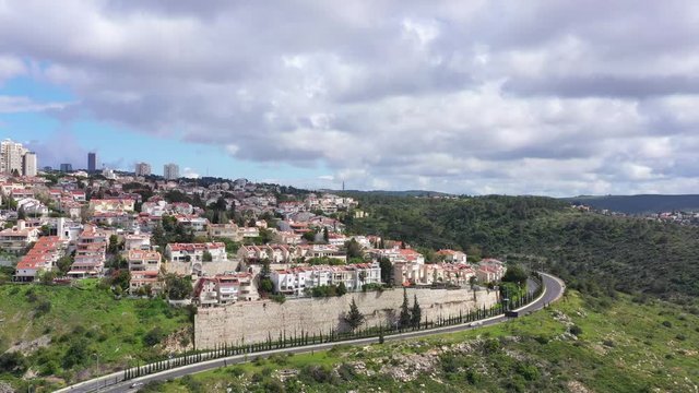 Corona Virus lockdown, Haifa Freud mountain road connecting the city lower west area to Central Carmel, with no traffic due to government guidelines, Aerial view.