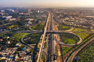 Top view aerial of " Tram 2 " overpass, intersection of 1A national road with Hanoi highway. Ho Chi Minh City, Vietnam. View from district 9 to Dong Nai 