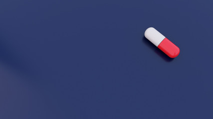 White & Red capsule isolated on Blue background. Pills on a blue background, Medical pill. Concept 3D illustration.