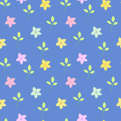 Seamless vector abstract pattern of small daylily flowers in different colors and leaves arranged randomly on a blue background. Made in the flat style, perfect for scrapbooking.
