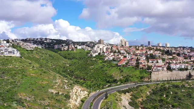 Corona Virus lockdown, Haifa Freud mountain road connecting the city lower west area to Central Carmel, with no traffic due to government guidelines, Aerial view.