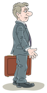 recommend clip art: Businessman in gray suit, smiling, holding a case and standing in profile, vector cartoon illustration on a white background