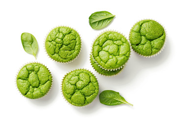 Vegan salty spinach muffins for healthy breakfast. isolated on white background
