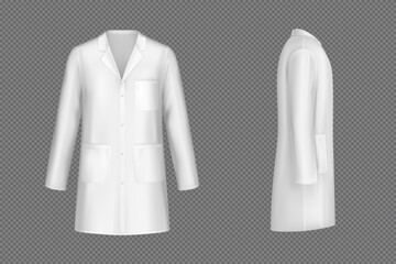 White doctor coat, medical uniform isolated on transparent background. Vector realistic mock up of lab costume front and side view. Clothes for medicine profession, nurse suit, physician robe