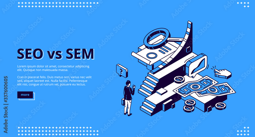 Poster seo vs sem isometric landing page. digital marketing and search engine optimization. businessman at 