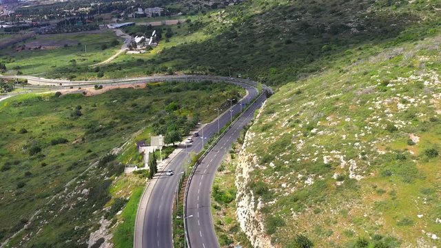 Corona Virus lockdown, Haifa Freud mountain road connecting the city lower west area to Central Carmel, with no traffic due to government guidelines, Aerial view.