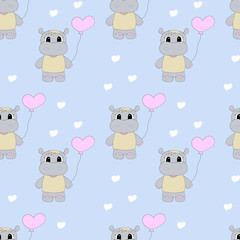 Seamless pattern with cartoon hippo and hearts. Vector illustration.