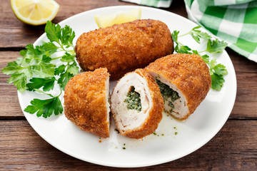 Breaded Chicken Kiev breast stuffed with butter, garlic and herbs. 