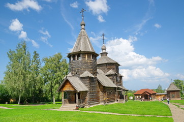 Fototapeta na wymiar Suzdal, Russia - July 26, 2019: Museum of wooden architecture and peasant life. Resurrection Church from the village of Patakino Kameshkovsky district (1776). Vladimir region. Golden ring of Russia 