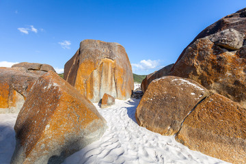 Huge orange boulders on the famous Squeaky Beach in Wilsons Prom, Australia © Greg Brave