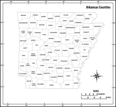 Arkansas State Outline Administrative And Political Map In Black And White