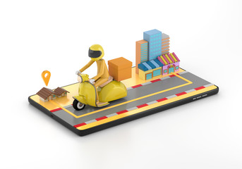 3d illustration The delivery staff ride an yellow motorbike on a mobile phone, on a white background from the shop to the house.