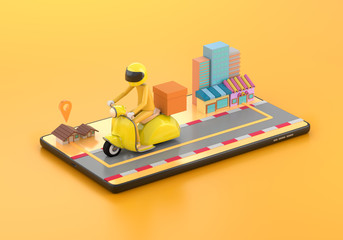 3d illustration The delivery staff ride an yellow motorbike on a mobile phone, on a yellow background from the shop to the house.