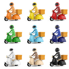 3d illustration The delivery staff ride an multi coloe motorbike 
