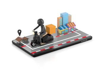 3d illustration The delivery staff ride an black motorbike on a mobile phone, on a white background from the shop to the house.