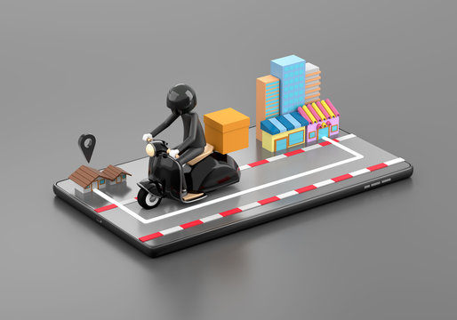 3d illustration The delivery staff ride an black motorbike on a mobile phone, on a grey background from the shop to the house.