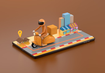 3d illustration The delivery staff ride an orange motorbike on a mobile phone, on a brown background from the shop to the house.