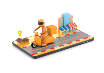 3d illustration The delivery staff ride an orange motorbike on a mobile phone, on a white background from the shop to the house.